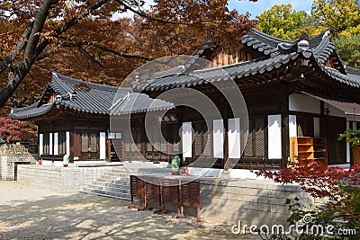 Amitabha Hall of Gilsangsa temple, Seoul, Korea. Inscription: æ¥µæ¨‚æ®¿ `Hall of Utmost Bliss` Stock Photo
